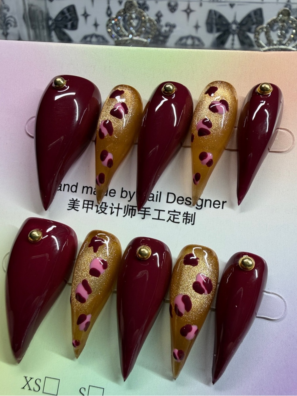 Handmade Burgundy & Gold Leopard Claw Press-On Nails size Medium